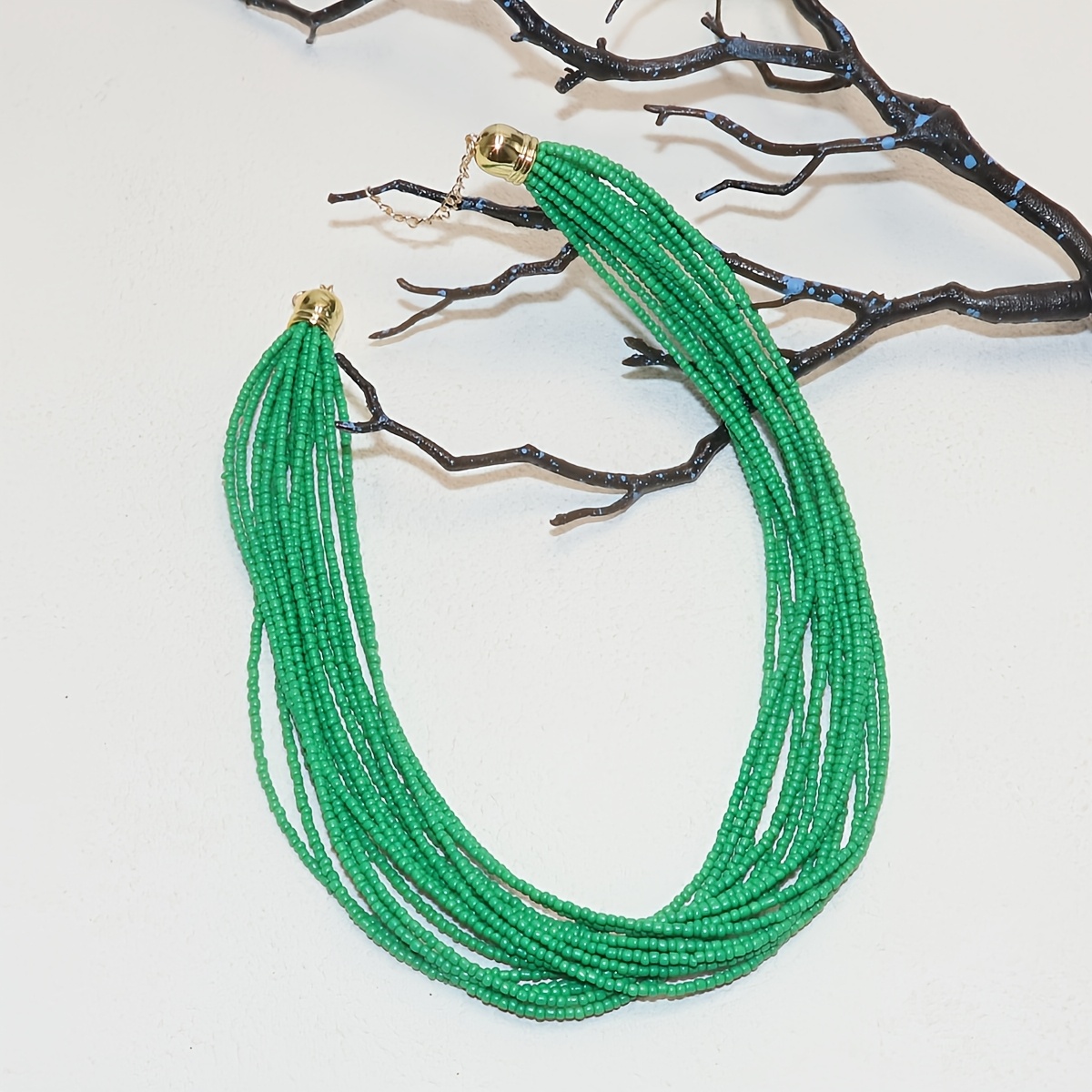 Boho Green Seed Bead Necklace Vintage Layered Jewelry